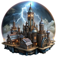 extraordinary creative A steampunk cityscape, towering clockwork buildings and intricate sky bridges, under a dark, stormy sky, illuminated by flashes of lightning high quality png