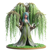 magnificent rustic A serene dryad emerging from a giant willow tree, adorned with moss and vines, bathed in the soft, dappled light of a forest glade. Art nouveau style exclusive png