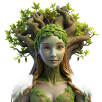 stunning traditional A serene dryad emerging from an ancient oak tree, adorned with moss and vines, sunlight dappling through leaves. Hyperrealistic style professional png