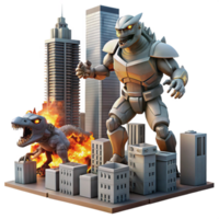 impressive minimalist A giant robot battling a giant monster in a futuristic city, buildings crumbling around them, explosions and fire illuminating the scene. Kaiju style authentic png