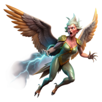 serene contemporary A fierce harpy with the body of a bird and the head of a woman, swooping down from the sky, lit by lightning, in a dynamic, Baroque style high resolution png