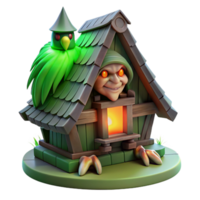 serene vintage A fearsome Baba Yaga, residing in her hut on chicken legs, surrounded by a dense forest, illuminated by an eerie green light. Slavic folklore style original png