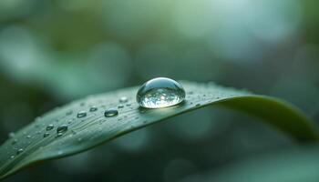 Close-up of water drops on a green leaf in the morning with reflections and fresh dew photo