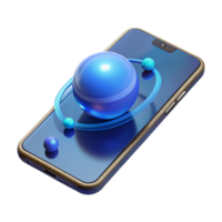 magnificent traditional A levitating transparent smartphone displaying a 3D model of the solar system, illuminated by a cool blue light, in a minimalist style high quality png