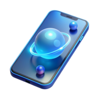 extraordinary traditional A levitating transparent smartphone displaying a 3D model of the solar system, illuminated by a cool blue light, in a minimalist style exclusive png