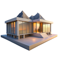 impressive artistic Modernist house with floor-to-ceiling windows, panoramic mountain view, sunset lighting, minimalist style authentic png