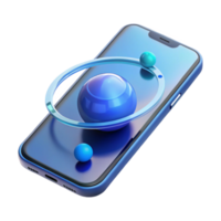 elegant modern A levitating transparent smartphone displaying a 3D model of the solar system, illuminated by a cool blue light, in a minimalist style genuine png