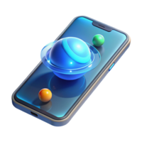 wonderful artistic A levitating transparent smartphone displaying a 3D model of the solar system, illuminated by a cool blue light, in a minimalist style exclusive png