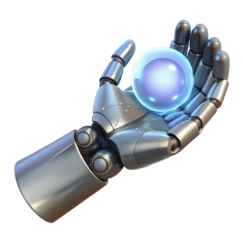 sereno rustico un' elegante, argento robotica mano delicatamente Tenere un' raggiante globo di dati, illuminato di morbido, direzionale leggero a partire dal sopra, cyberpunk stile premio png