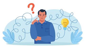 Business idea finding 4K motion graphic. Confused man with lightbulb and question mark animated character cartoon flat concept, white background video