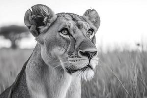 Lioness observing the savannah in black and white photo