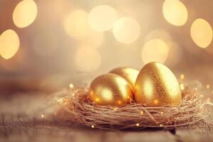 Golden easter eggs nest with fairy lights glowing on wooden table photo