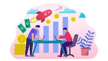 Business revenue generation growth, Generating high volume business revenue rocket launcher, Happy two businessman making profits, Financial data analysis on laptop - 2d animation video