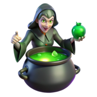 elegant modern A powerful witch brewing a potion in a bubbling cauldron, her face illuminated by the eerie green light of the concoction. Dark fantasy, gothic style high quality png