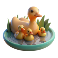 impressive classic A family of ducks swimming in a calm pond, illuminated by the soft light of a summer afternoon, in a peaceful, illustrative style premium png
