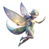 beautiful creative A delicate fairy with iridescent wings and sparkling dust trailing behind her, flying through a moonlit forest, illuminated by the soft glow of the moon. Dreamlike style authentic png