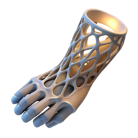 elegant creative A 3D printed prosthetic limb with intricate latticework, illuminated by a soft, diffused light, in a minimalist style high quality png