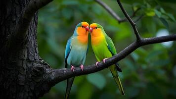 Two colorful birds sitting on a tree branch. photo