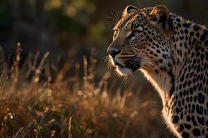 A leopard is standing in the grass with the sun behind it. photo