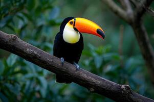 A toucan is perched on a branch in the jungle photo