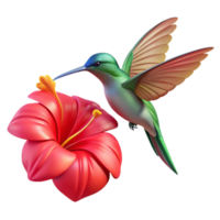 beautiful modern A hummingbird hovering mid-air, wings a blur, sipping nectar from a bright red hibiscus flower, dynamic motion blur photography style high resolution png