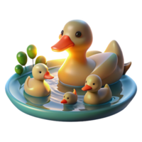 magnificent minimalist A family of ducks swimming in a calm pond, illuminated by the soft light of a summer afternoon, in a peaceful, illustrative style original png