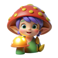 vibrant vintage A curious pixie with pointed ears and brightly colored hair, peering out from behind a mushroom, illuminated by the soft glow of fireflies. Pixar style premium png