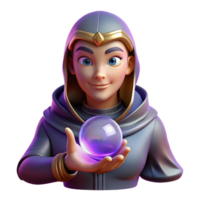 beautiful modern Portrait of an enigmatic fortune teller with mystical symbols and a knowing gaze, illuminated by the glow of a crystal ball, in a dark, esoteric style professional png
