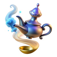 vibrant creative A powerful djinn emerging from a magic lamp, surrounded by swirling smoke and sparks, illuminated by the glow of the lamp. Orientalist style authentic png