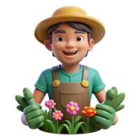 serene rustic Portrait of a gardener with dirt on their hands and a gentle smile, surrounded by blooming flowers, impressionistic style authentic png