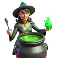 magnificent traditional A powerful witch brewing a potion in a bubbling cauldron, her face illuminated by the eerie green light of the concoction. Dark fantasy, gothic style high resolution png