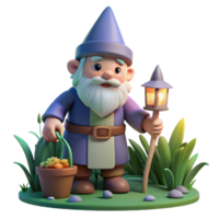 vibrant creative A whimsical gnome with a pointed hat and a long white beard, tending to his garden, illuminated by the soft glow of twilight. Children's book illustration style high quality png