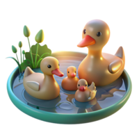 wonderful contemporary A family of ducks swimming in a calm pond, illuminated by the soft light of a summer afternoon, in a peaceful, illustrative style genuine png