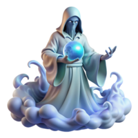 extraordinary contemporary A wise, ancient oracle with flowing white robes and a crystal ball, surrounded by swirling mists, lit by an ethereal blue light. Fantasy style premium png
