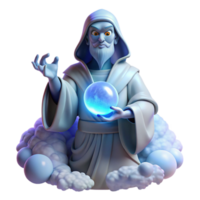 wonderful traditional A wise, ancient oracle with flowing white robes and a crystal ball, surrounded by swirling mists, lit by an ethereal blue light. Fantasy style exclusive png