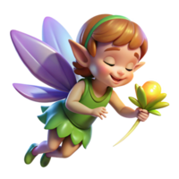 wonderful minimalist A mischievous pixie with iridescent wings and a playful grin, sprinkling magic dust over a sleeping flower, illuminated by soft, magical light in a fairytale illustration style 4K png