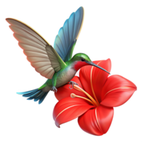 vibrant rustic A hummingbird hovering mid-air, wings a blur, sipping nectar from a bright red hibiscus flower, dynamic motion blur photography style exclusive png