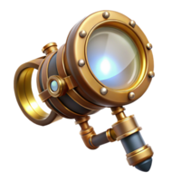 impressive contemporary A steampunk monocle with a magnifying glass and intricate brass detailing, lit by a sharp, focused beam of light, in a photorealistic style exclusive png