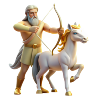 magnificent rustic A wise centaur with a long, flowing white beard, teaching archery to a young human, bathed in warm, golden sunlight in a classical Greek sculpture style premium png