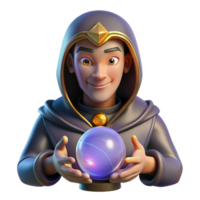 dramatic creative Portrait of an enigmatic fortune teller with mystical symbols and a knowing gaze, illuminated by the glow of a crystal ball, in a dark, esoteric style professional png