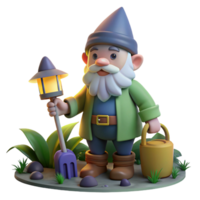 wonderful traditional A whimsical gnome with a pointed hat and a long white beard, tending to his garden, illuminated by the soft glow of twilight. Children's book illustration style high resolution png