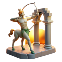 impressive contemporary A wise centaur, aiming a bow and arrow, surrounded by ancient ruins, lit by the setting sun, in a classical style genuine png