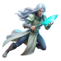 dramatic modern A lone, ethereal warrior with flowing silver hair, wielding a crystal sword, bathed in soft bioluminescent light. Hyperrealistic style high resolution png