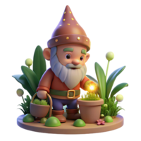 serene artistic A whimsical gnome with a pointed hat and rosy cheeks, tending to a magical garden, illuminated by the soft glow of fairy lights. Children's book illustration style original png