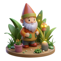 extraordinary classic A whimsical gnome with a pointed hat and rosy cheeks, tending to a magical garden, illuminated by the soft glow of fairy lights. Children's book illustration style premium png