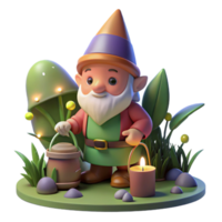 dramatic minimalist A whimsical gnome with a pointed hat and rosy cheeks, tending to a magical garden, illuminated by the soft glow of fairy lights. Children's book illustration style genuine png