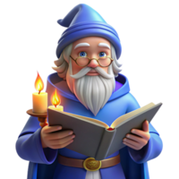 extraordinary modern A wise old wizard with a long white beard and twinkling blue eyes, studies an ancient tome filled with mystical symbols. Soft, candlelit lighting. Renaissance painting style 4K png