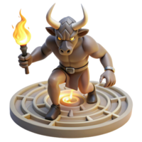 magnificent modern A fearsome minotaur with the head of a bull and the body of a man, charging through a labyrinth, illuminated by flickering torches. Greek mythology style detailed png