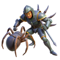magnificent classic A brave knight in shining armor battling a monstrous spider, dramatic lighting, heroic fantasy style premium png