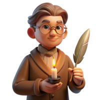 elegant abstract Portrait of a pensive writer with spectacles and a quill pen, illuminated by the warm glow of a candle, in a vintage, sepia-toned style premium png